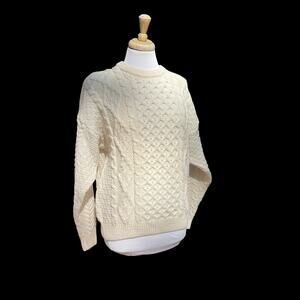 Blarney Woollen Mills Irish Aran Cable Knit Sweater 100% Merino Wool Cream-Small